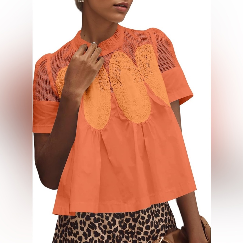 Women's Orange Lace-Yoke Short Sleeve Top large
